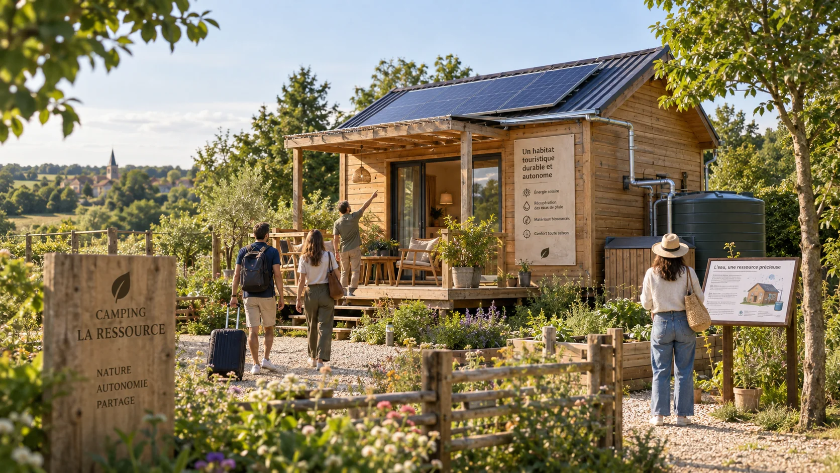 Projection visuelle d'un chalet autonome avec panneaux solaires et récupération d'eau